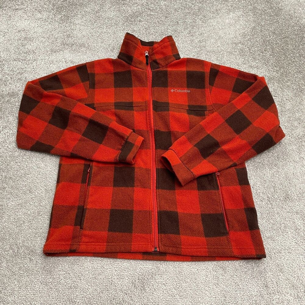 Columbia Fleece Jacket Boys XL Red Black Plaid Full Zip Pocket Outdoor Hiking
